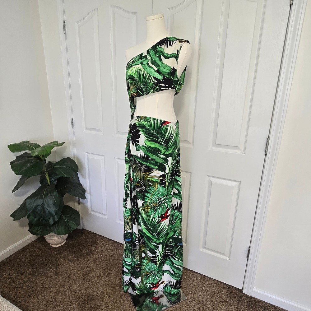 PrettyLittleThing Maxi Dress Womens 8 Green Tropical Palm One Shoulder Cut Out